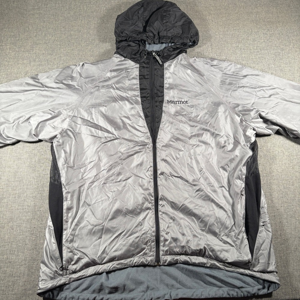 Marmot Windbreaker Jacket Mens XL Gray Black Hooded Fleece Lined Ripstop Zip